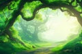 Panoramic Forest View: Natural Archway Formed by Green Branches.