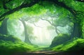 Panoramic Forest View: Natural Archway Formed by Green Branches.