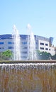 Panoramic with fountains of the Plaza de Catalunya in Barcelona Royalty Free Stock Photo