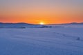 Panoramic frozen landscape in winter sunset at frozen lake Baikal in Siberia, Russia Royalty Free Stock Photo