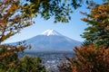 Panoramic Fujisan is surrounded with autumn colorful leaves