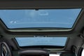 Panoramic glass sun roof in the modern car. Panoramic view inside car - double sunroof hatch with tinted glass. Sliding