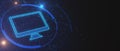 Panoramic glowing computer monitor icon on dark blue background with binary code and mock up place. Digital transformation concept Royalty Free Stock Photo