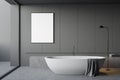 Panoramic gray bathroom, tub and poster Royalty Free Stock Photo