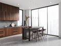 Panoramic gray kitchen corner with bar Royalty Free Stock Photo