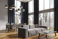 Panoramic gray living room and dining room corner Royalty Free Stock Photo