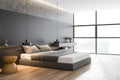 Panoramic gray master bedroom corner Royalty Free Stock Photo