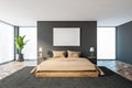 Panoramic gray master bedroom with poster Royalty Free Stock Photo