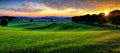 Panoramic Green Meadow Landscape At Sunset For Background