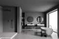 Panoramic grey bathroom with two on trend vanities and shower cabin