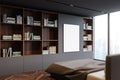 Panoramic grey bedroom with bookcase and poster Royalty Free Stock Photo