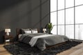 Panoramic grey bedroom with white details. Corner view