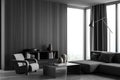 Panoramic grey living room with wooden wall. Corner view