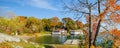 Panoramic Grouping of cottages in a small bay on a fall day Royalty Free Stock Photo