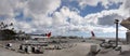 Panoramic of Hawaiian Airlines and JAL Planes parked at Honolulu International airport Royalty Free Stock Photo