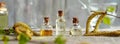 Panoramic header with bottles of essential oil with birch branches Royalty Free Stock Photo