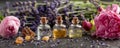 Panoramic header of essential oil bottles, lavender, frankincense and roses Royalty Free Stock Photo