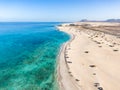 Panoramic high angle aerial drone view of Corralejo National Park Parque Natural de Corralejo with sand dunes Royalty Free Stock Photo