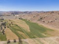 Panoramic high angle aerial drone view of rural New South Wales, Australia, near the town of Gundagai on a sunny day.