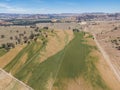 Panoramic high angle aerial drone view of rural New South Wales, Australia, near the town of Gundagai on a sunny day.