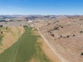 Panoramic high angle aerial drone view of rural New South Wales, Australia, near the town of Gundagai on a sunny day.