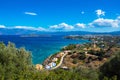 Panoramic high point view of the picturesque gulf of Mirambello, with the island of Agioi Pantes and the town of Agios Nikolaos. Royalty Free Stock Photo