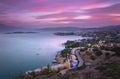 Panoramic high point view at sunset of the picturesque gulf of Mirambello. Royalty Free Stock Photo