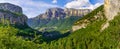 Panoramic high rocky mountain landscape with green forests. Ordesa Pirineos National Park. Spain