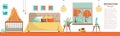 Panoramic horizontal banner with bedroom furniture: double bed, baby bed with canopy on white background. Room with bed and cot. Royalty Free Stock Photo