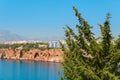 idyllic view of the sea coast in Antalya. Taurus mountains in the background and the blue Bay of the Mediterranean sea Royalty Free Stock Photo