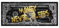 Panoramic illustration of an American banknote marked as bitcoin with writting "money never sleeps"