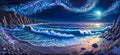 Panoramic illustration. Night landscape with sea and starry sky. Digital painting