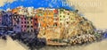 Panoramic illustration of Riomaggiore on Italy& x27;s Cinque Terre