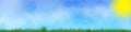 Panoramic illustration of small yellow flowers and grass line with a simple bright sun above