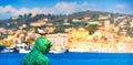 Panoramic image of a black headed seagull and the mermaid Atlante Royalty Free Stock Photo