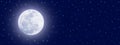 Shining Full Moon and Twinkle Stars in Blue Night Sky Banner Background Royalty Free Stock Photo