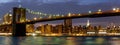 Panoramic image of the Brooklyn Bridge illuminated at night