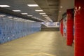 panoramic image of the colorful Chelas subway platform in Lisbon. Royalty Free Stock Photo