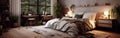 Panoramic image of a country style wooden bedroom in a luxury cottage or hotel. Comfortable large bed, dressing table Royalty Free Stock Photo