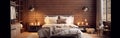 Panoramic image of a country style wooden bedroom in a luxury cottage or hotel. Comfortable large bed, dressing table Royalty Free Stock Photo