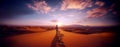 Panoramic image of the desert, rear view of a traveller man walking in the desert among the sand dunes at sunset Royalty Free Stock Photo