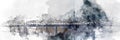 Panoramic image digital watercolor painting of a Railway bridge over the Daugava river. Riga, Latvia