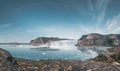 Panoramic image of Eqip Sermia, Eqi Glacier in Greenland Disko Bay. Boat trip in the morning over the arctic sea,Baffin