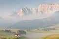 Panoramic image of Italian Dolomites with famous peaks and chalets, South Tyrol, Italy, Europe at summer sunset. Awesome