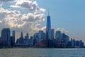 Panoramic image of lower Manhattan skyline from Staten Island Ferry boat Royalty Free Stock Photo