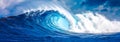 A panoramic image of a majestic blue wave cresting and crashing in the ocean, showcasing the power and beauty of the sea Royalty Free Stock Photo