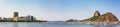 Panoramic image of Rio de Janeiro with the boats moored, the Sugarloaf hill, Guanabara bay and Botofogo beach Royalty Free Stock Photo