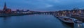 Panoramic image of the skyline of Maastricht during the blue hour with views on the Sint Servaas bridge, the boat company for day Royalty Free Stock Photo