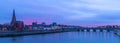 Panoramic image of the skyline of Maastricht during the blue hour with views on the Sint Servaas bridge, the boat company for day Royalty Free Stock Photo