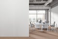 Panoramic industrial open space office interior with blank wall Royalty Free Stock Photo